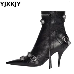 Boots YJXKJY Women Slim High Heel Metal Buckle Chain Luxury Shoes Fashion Comfortable Pointed Toe Ankle Boots Stiletto Short Boots 230214