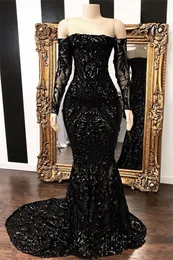 Party Dresses Sequined Bling Evening 2023 Black Mermaid Sexy Off Shoulder Long Sleeves Court Train Formal Prom Gowns Custom made 230214