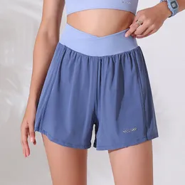 LL Hotty Hot Short High-Rise Yoga Liner Elastic Women의 가짜 2 피스 스포츠 반바지 하이 웨이스트 방지 러닝 훈련 Fiess Marathon Shorts