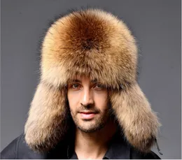 Beralar Gerçek Rakun Şapkaları Erkekler Tuzağı Kürk Kuzu Deri Rus Kazık Kış 230214