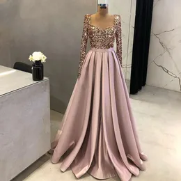 Party Dresses Elegant Muslim Sequin Evening Night for Women Long Sleeves Sweetheart Aline Satin Wedding Prom Formal Gowns 230214