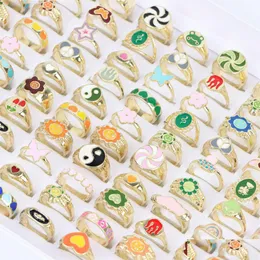 Cluster Rings Wholesale 20Pcs/Lot Fashion Colorf Drip Oil Jewelry For Women Girls Heart Butterfly Flower Tai Chi Mix Styl Dhfla