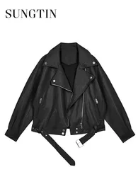 Women's Leather Faux Leather Sungtin Loose PU Leather Jacket Women with Belt Black Soft Faux Leather Jacket Street Moto Biker Leather Coat Jacket Outerwear 230214