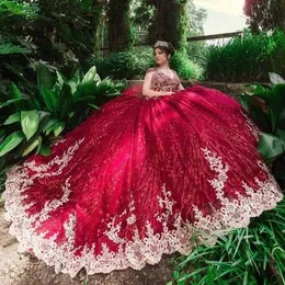 ثياب بورجوندي الأميرة Quinceanera تراجعت Crystal Gold Severiques الدانتيل مشد البرميل Prom Sweet 15 Vestidos de XV Anos