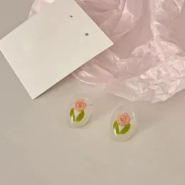 Stud Earrings Pink Flower Acrylic Drop Transparent Resin Inlaid Plant Dangler Romantic Girl Women Party Jewelry Gifts Korean Fashion