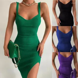 Günlük elbiseler yaz yeşil midi bodycon elbise örgü kolsuz sırtsız siyah y2k kapalı omuz parti plaj seksi kulüp