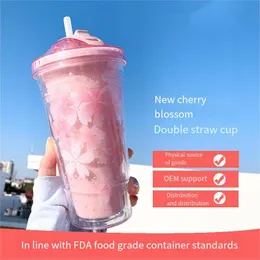 새로운 꽃 더블 레이어 플라스틱 컵 물병 창조적 인 유니콘 마이크로 랜드 스케이프 짚 컵 만화 어린이 부서진 여름 아이스 컵