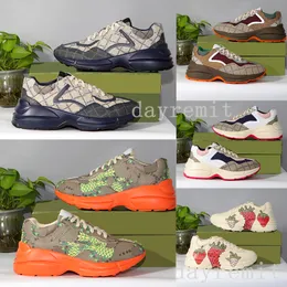 Designer Rhyton Casual Skor Män Kvinnor Sneakers Flerfärgade Sneakers Vintage Chaussures Plattform Sneaker Strawberry Mouse Tiger Mouth Shoe Platt Sko med Box