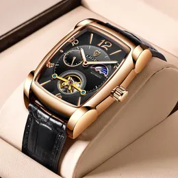 Armbandsur Lige Men Mechanical Watches Tourbillon Automatisk klocka för manlig affärssport Wristwatch lysande vattentätt läderbälte