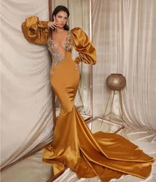 Party Dresses Elegant Gold Mermaid Evening Sexy Sheer Neck Appliques Prom Gowns with Sweep Train Puff Sleeves Celebrity 230214