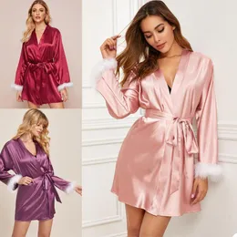 Brautjungfer Kleid Kurze Frauen Nacht Robe Satin Mit Pelz Pyjamas Maßgeschneiderte Roben Morgenmantel Für Femel Nachtwäsche