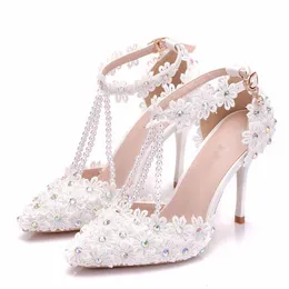 Moda Lady Abito da sposa Scarpe a punta AB Diamanti Tacchi Scarpe da sposa Sandali in pizzo bianco Tacchi alti Décolleté da ballo