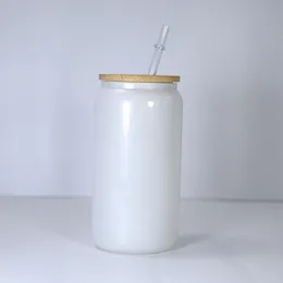 Süblimasyon 16oz beyaz parıltı cam su bardağı termal transfer bambu kapağı ile ısı baskısı kahve kupası toptan A02