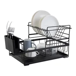 Dish Drying Rack med dräneringsbräda Drainer Kök Light Duty Countertop redskap för lagring för Home Black White 2-Tier 21090226T