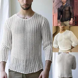 Men's Vests Mens Street Trend Woven Solid Color Mesh Knitted Long Sleeve Top Corset Shirt