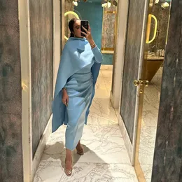 Blue Sky Mother of the Bride Dresses with Cape Sheath Tea Length Prom Gown for Special Occasions Long Sleeve Muslim Formal Dress