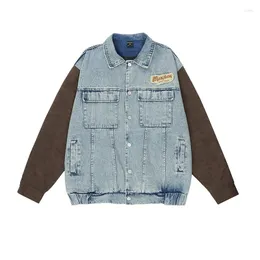 Erkek ceketler hip hop retro kontrast renk dikiş erkekler denim kargo ceket sokak kıyafeti patchwork nakış mektubu jean