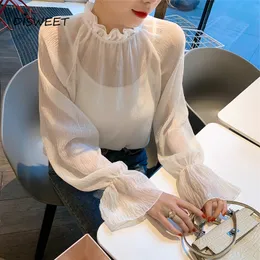 Womens Blouses Shirts Korean Loose Bell Sleeve Chiffon Woman Simple Transparent Slim Ladies Casual Wrinkled Solid Women 230214