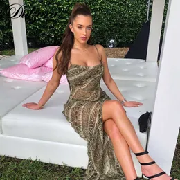 Casual Dresses Dulzura Snake Print Chiffon Sexy Women Long Party Slip Maxi Sheer Dress Strap Backless Slit Elegant 2019 Autumn Clothes T230210