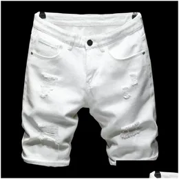 Jeans masculino ver￣o puro branco preto preto leve rasgado shorts jeans cl￡ssicos roupas de marca jovem jovens homens mans slim reto casual gota deli dhlfq