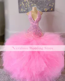 キラキラしたピンクのウエディングドレスマーメイド2K23ホルターネックフリルスカート女性卒業パーティーガウンオジックイブニングガラウェア