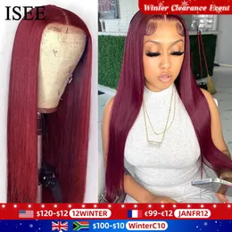 ISEE 99J Cabelo Humano Lace Front Wigs Borgonha Straight Lace Frontal Wigs Para Mulheres Negras 180% Densidade Vermelho Escuro Lace Closure Perucas