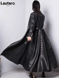 Trench coat da donna in pelle sintetica Lautaro autunno lungo con gonna rossa nera per donna doppio petto elegante moda di lusso 4xl 5xl 6xl 7xl 230215