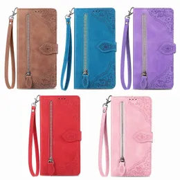 Wallet Phone Cases for iPhone 14 13 12 11 Pro Max X XS XR 15 Plus Solid Color Flower Embossing PU Leather Flip Stand Cover Case with Multi Card Slots and Zipper Coin Purse