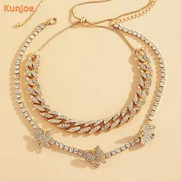 Zincirler Kunjoe 2pcs/Set Lüks Kristal Kelebek Kolye Charm Miami Curb Küba Zinciri Hip Hop Rapper Hediye Kadın Mücevherleri