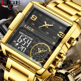 Orologi da polso LIGE Top Brand Luxury Fashion Uomo Orologi Oro Acciaio Sport Quadrato Digitale Analogico Grande Orologio al quarzo per Uomo relogio masculino 230215