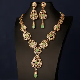 Wedding Jewelry Sets Water Drop Necklace Earring Set for Women Morocco Wedding Necklace Green Gold Plated Bridal Jewelry Sets Bijoux 230215