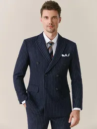 Garnitury męskie 50% wełniane męskie Zestaw Zima zagęszcza ciepło podwójnie piersi Deep Blue Stripe Slim Wedding Groom Wear Business Man Daily Blazer