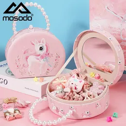 Smyckeslådor Mosodo Girls Unicorn Jewelry Organizer Case Pearl Handväska Hårtillbehör Lagringslådor Ringar Display Stand med spegelgåvor 230215