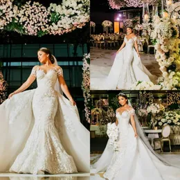 Hochzeitskleid 2023 Elegante Meerjungfraukleider sexy schiere Nacken Kurzarm Brautkleider mit abnehmbaren Röcken Spitzen Applikationen