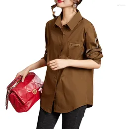 여성용 블라우스 느슨한 셔츠 여성 유행 고급 봄 2023 지방 mm 컬러 일치 폴로 칼라 서양 스타일 패션 탑