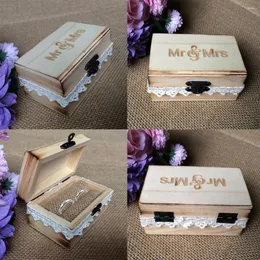 Jewelry Pouches Vintage Mr & Mrs Wooden Ring Box With Cotton Lace Holder Case Wedding Party Bearer Gift