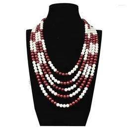 8mm赤と白の丸いビーズのチェーンサイズ多層模倣真珠のネックレス