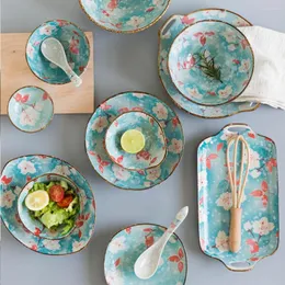 Platten Ceramica Giapponese-Stil Cena Piatto di Insalata Sushi Bistecca da Portata Fiore Blu Salsa Tavola