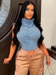 Women's Vests Sifreyr Sleeveless Side Lace Up Vest Jacket Women Turtleneck Denim Casual Streetwear Female Y2K Clothes Fashion Outwear Crop Top 230215