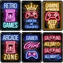 Neon Gaming Gamer Plakat Vintage Metal Tin Signs Sleep Game Retro Metal Tablie Wall Art Decor for Boys Girls Playroom Home Office Office Neon Dekoracja Rozmiar 30x20 W01