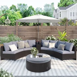 Camp Furniture Pieces Outdoor PE Wicker Sectional Patio Rattan Sofa Set With One Storage Side Table For Umbrella And Round Brown GrayCamp Ca