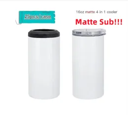 US Warehouse!!! 4 in 1 16oz Sublimation MATTE Can Cooler Straight Tumbler Stainless Steel Glossy Can Insulator Vacuum Insulated Bottle Cold Insulation Can with 2 lids