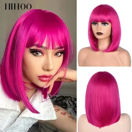 Perucas sintéticas bob reto curto para mulheres marrons a ombre loiro ombre natural de cabelo falso rosa rosa com franja 230214