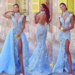 Party Dresses Unique Blue Plunging Neck Mermaid Evening Dress With Detachable Train Special Occasion High Side Split Arabic Prom Gowns