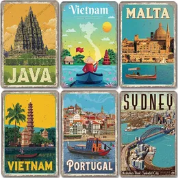 Famous City Landscape Poster Vintage Metal Tin Signs Budapest Malta Sydney Tin Plate Retro Wall Art Decor for Living Room Home Decor scenery Iron plate SIZE 30X20 w01