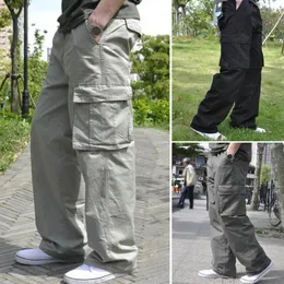 Calça masculina masculina casual calça de vários bolsos de molho de outono relaxado ajuste reto