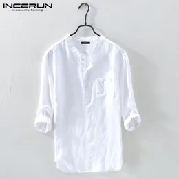 Men's Casual Shirts INCERUN Men Shirt Cotton 34 Sleeve Stand Collar Harajuku Tops Solid Color Vintage Brand Shirts Streetwear Camisa Masculina 230215