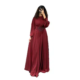 Abiti da sera musulmani modesti collo alto maniche lunghe in chiffon abiti da ballo formali perline cintura rosso vino