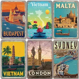 Famous City Landscape art painting Poster Vintage Metal Signs Budapest Malta Sydney Tin Plate Retro Wall Art Decor for Living Room Home decor sign Size 30X20 w02