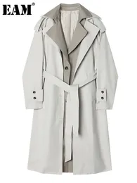 여성 트렌치 코트 eam 여성 회색 색상 블록 큰 크기의 옷깃 긴 슬리브 느슨한 wittreaker 패션 스프링 가을 2023 1de6476 230215
